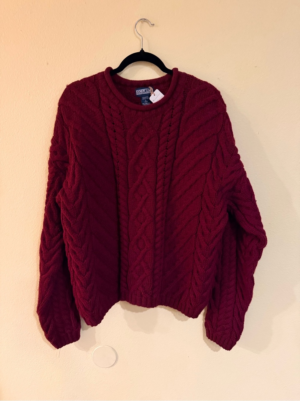 Lands' End women's Cable Knit Crewneck Sweater wool cozy fall - Wine size large